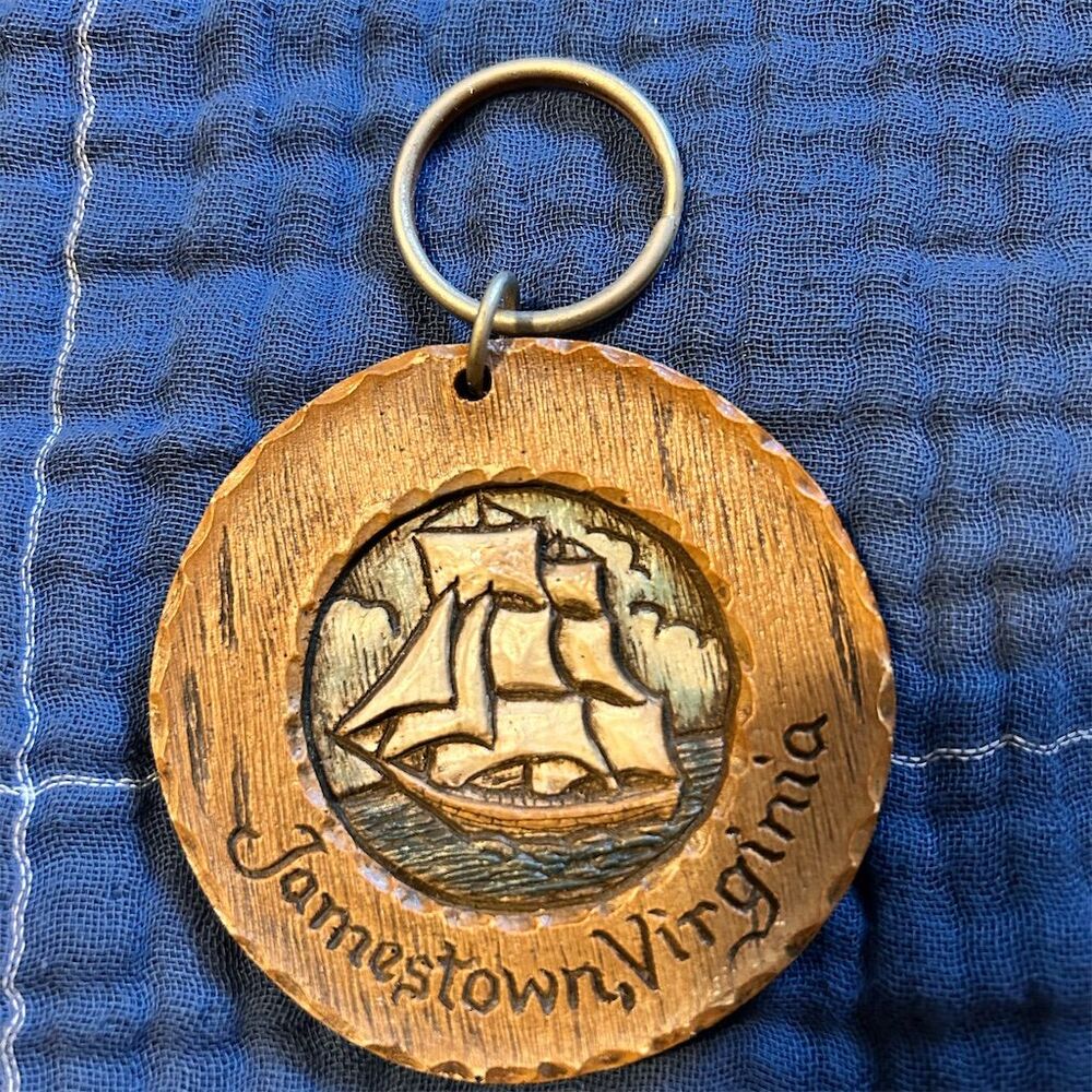 Vintage Jamestown Virginia Wooden Keychain Nautical Ship Design